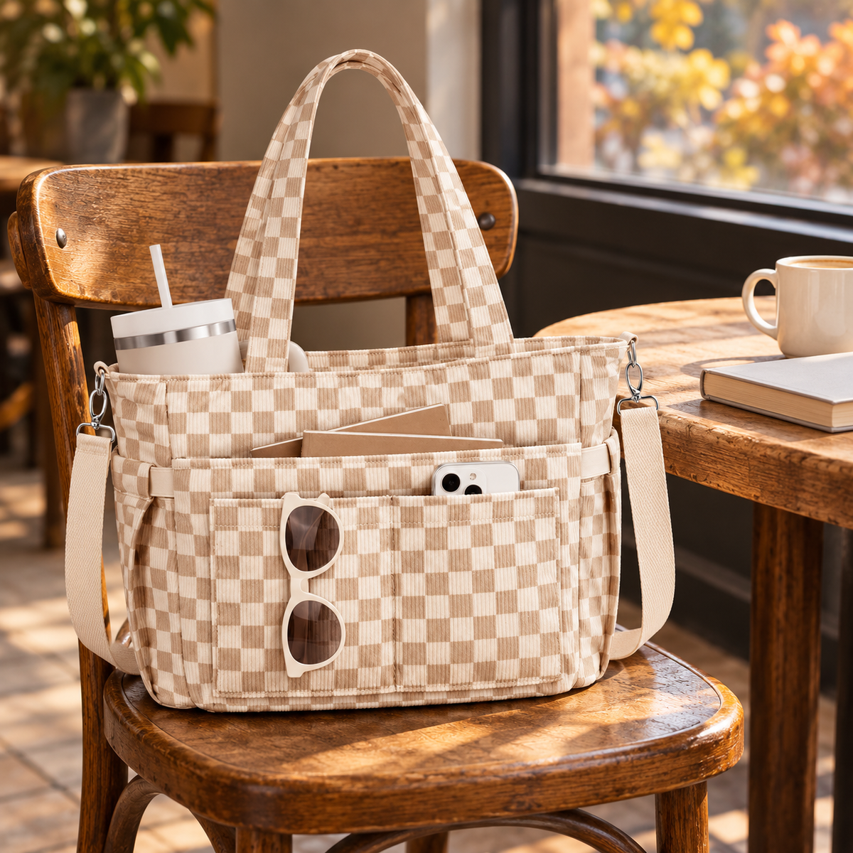 Gather corduroy tote on a cosy café morning