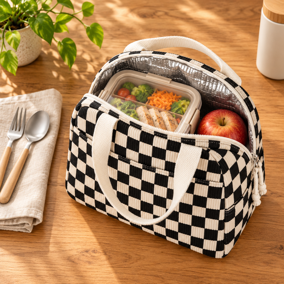 Gather corduroy lunch bag — packed