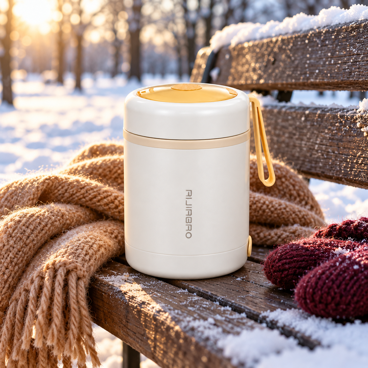 Vanilla White soup mug on a snowy park bench beside a cozy scarf
