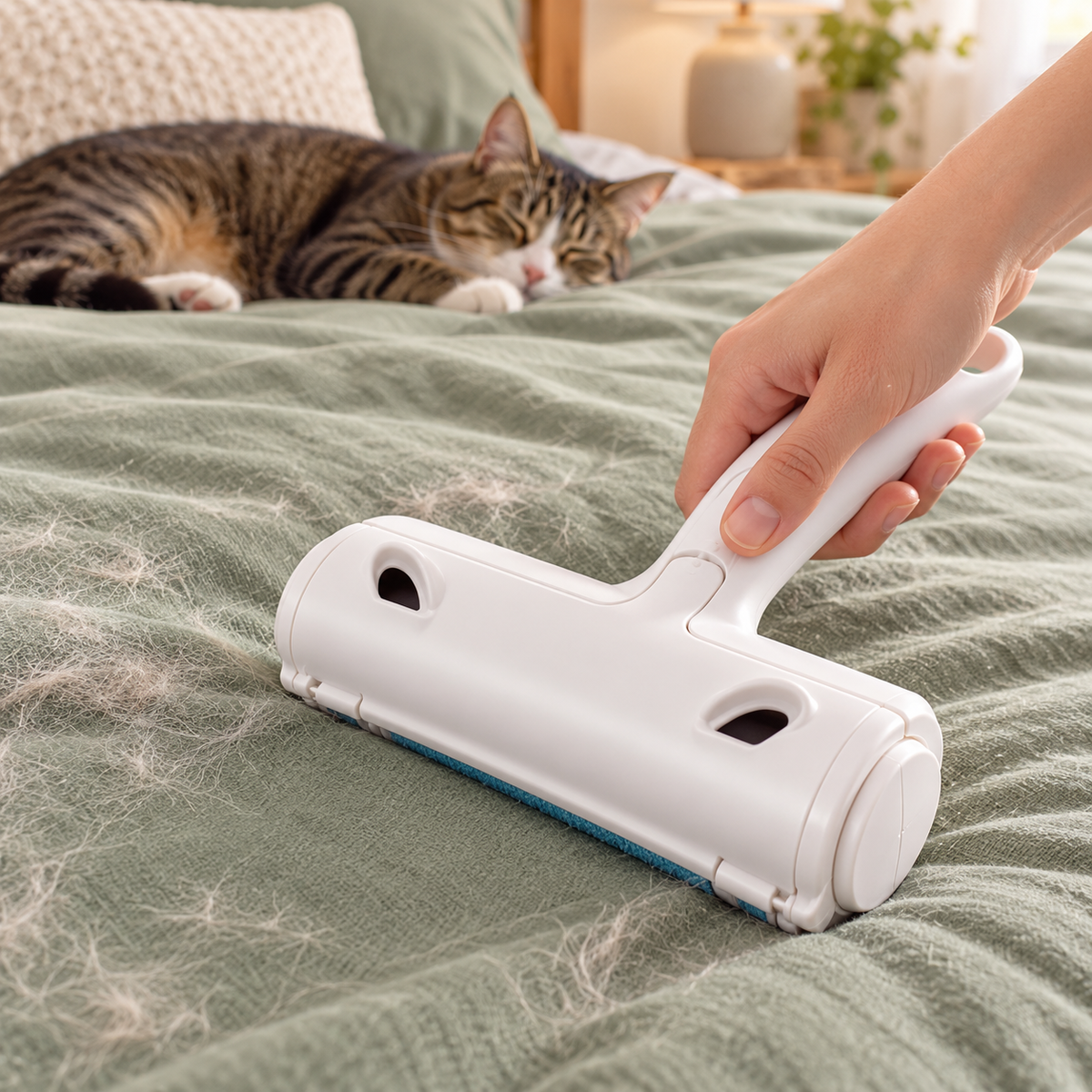 Sweep roller lifting loose pet hair from a bedspread