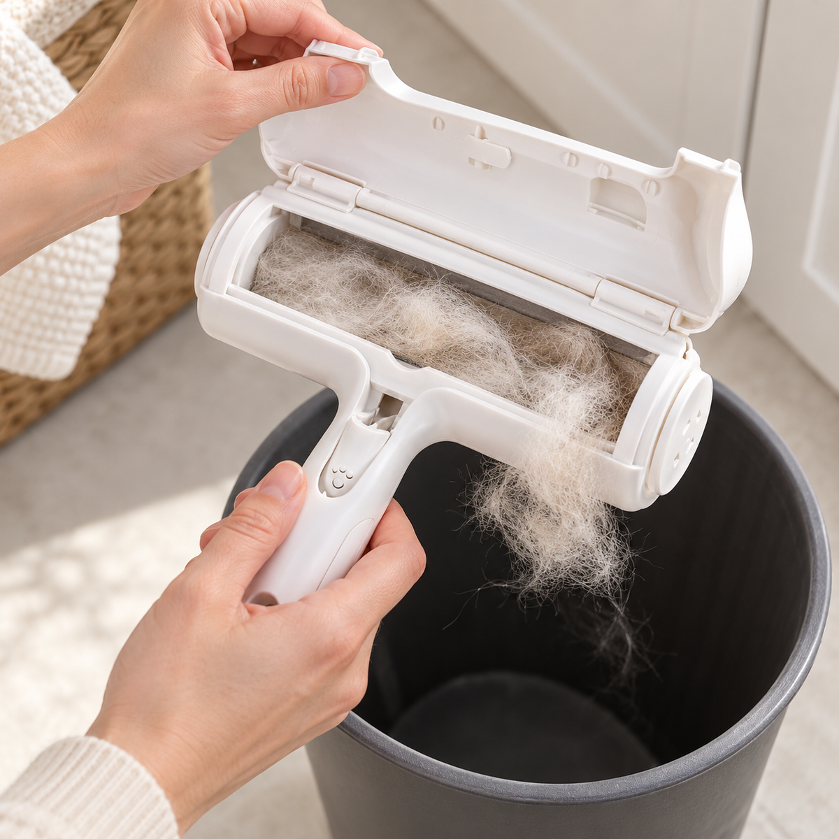Opening Sweep’s collection compartment over a wastebasket