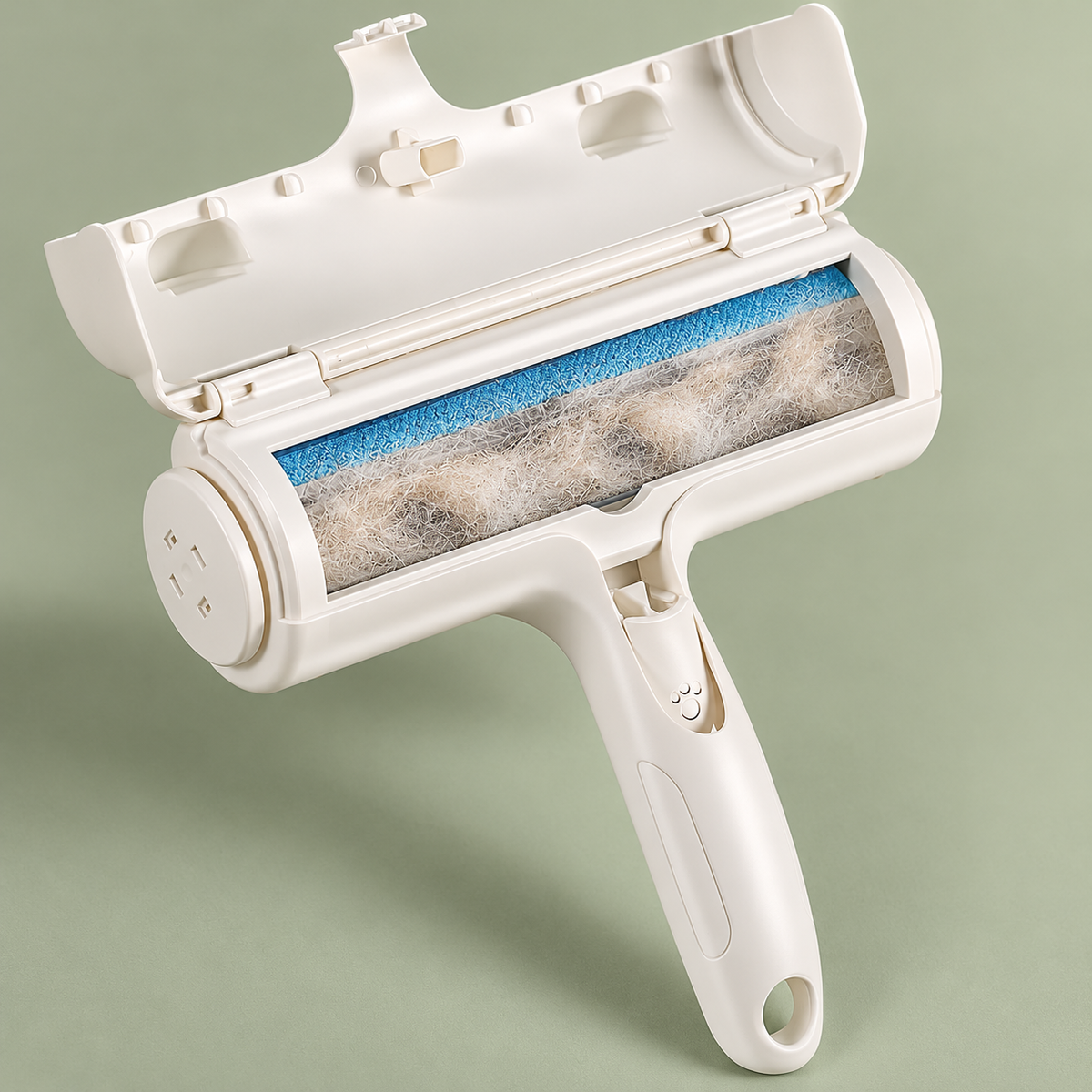 Sweep pet hair roller with open hair collection compartment