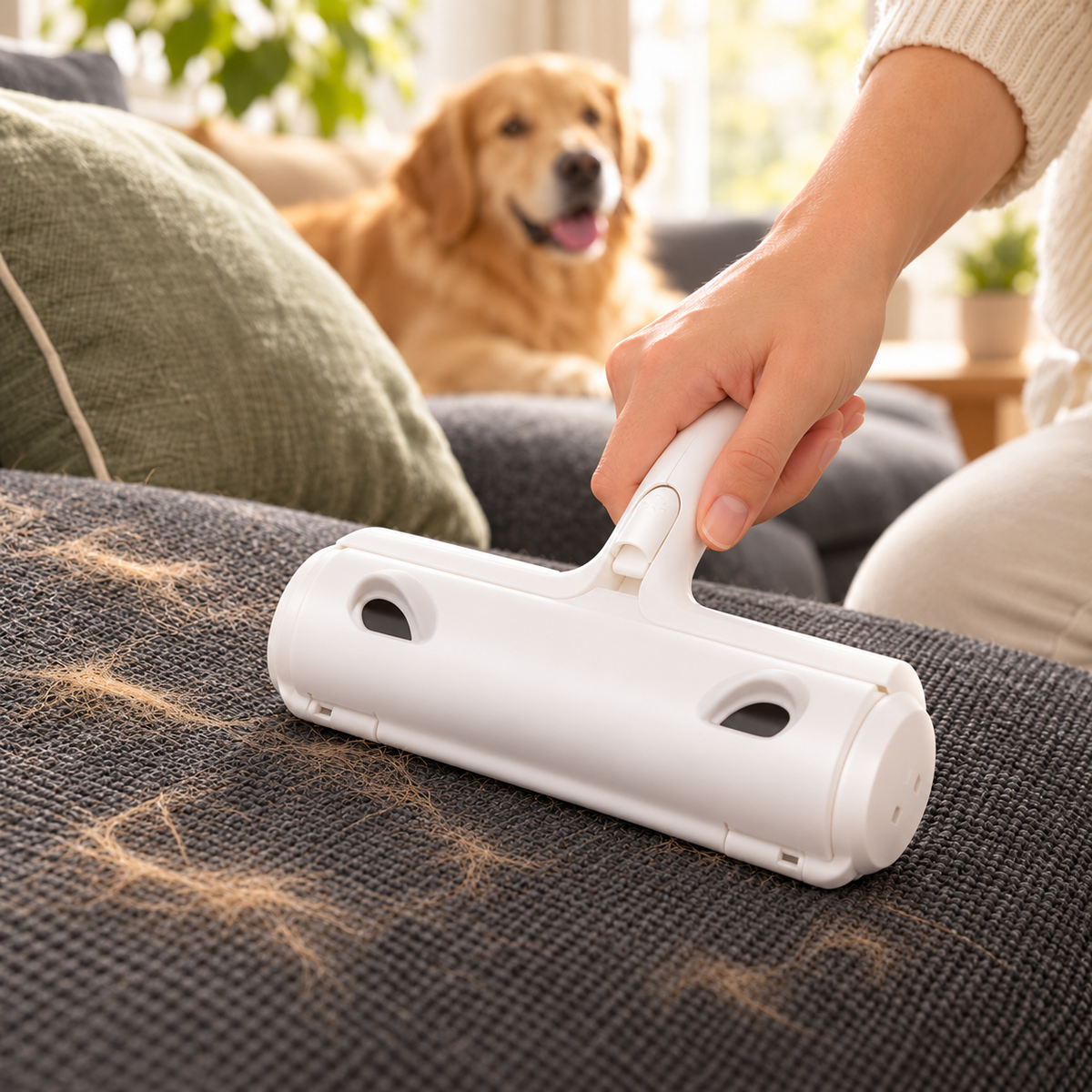 Sweep reusable roller being used on a fabric sofa